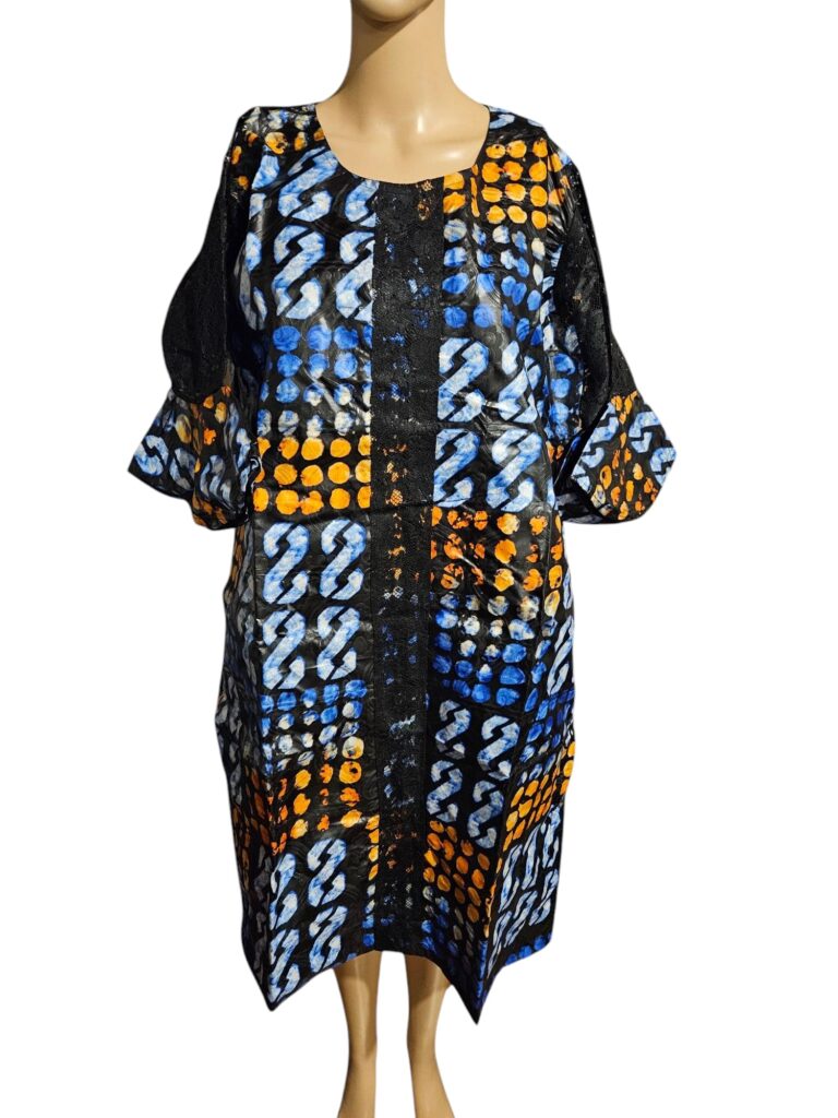 Black Print Dress with Blue & Orange Motifs and Lace Panels
