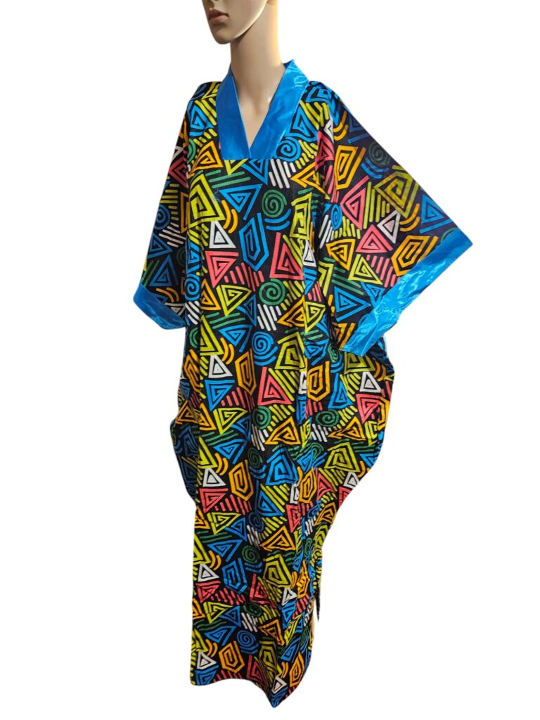 Black Geometric Triangle Print Kaftan with Blue Trim