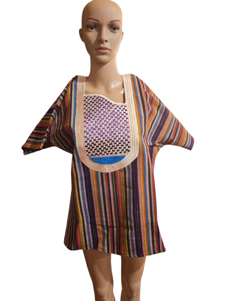 Multicolor Striped Kaftan with Woven Bib Panel