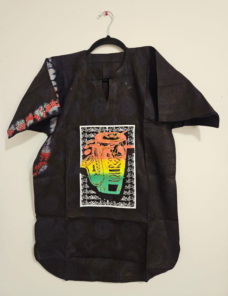 Black Batik Shirt with Abstract Mask Graphic