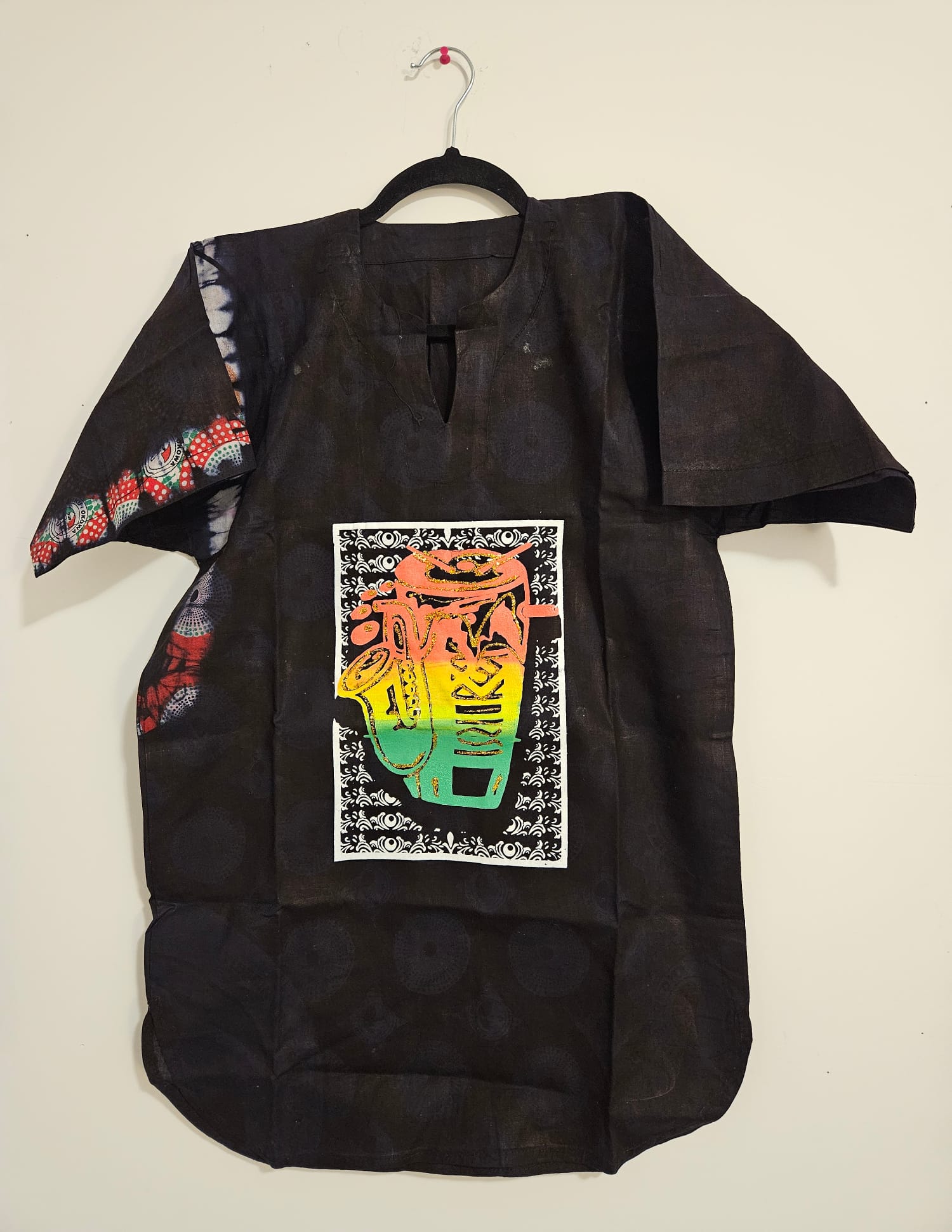 Black Batik Shirt with Abstract Mask Graphic