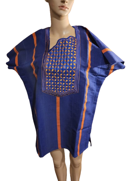 Royal Blue Boubou with Orange Stripe Trim and Woven Diamond Bib