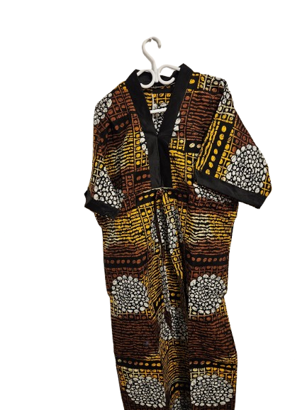 Brown, Yellow & Black African Print Boubou with Black Collar Trim
