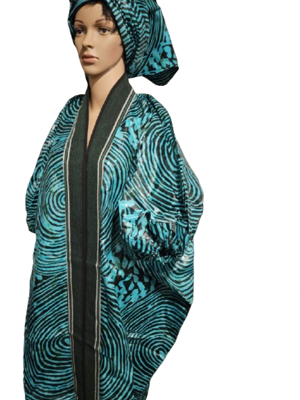 Teal & Black Swirl Print Caftan with Matching Headwrap