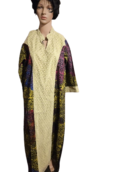 Purple Multicolor Floral Print Kaftan with Cream Crochet Panel