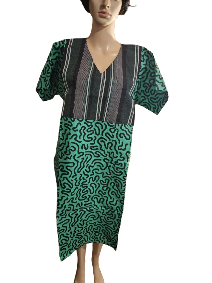 Green & Black Striped and Squiggle Print Two-Tone Dress