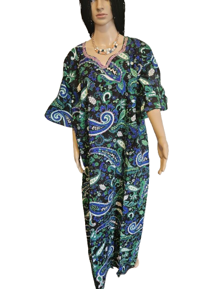 Black, Blue & Green Paisley Print Maxi Dress with Beaded Trim