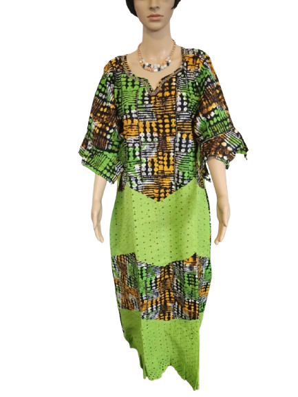 Green, Black & Orange Batik Print Maxi Dress with Eyelet Panels