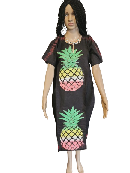 Black Batik Dress with Pineapple Graphic